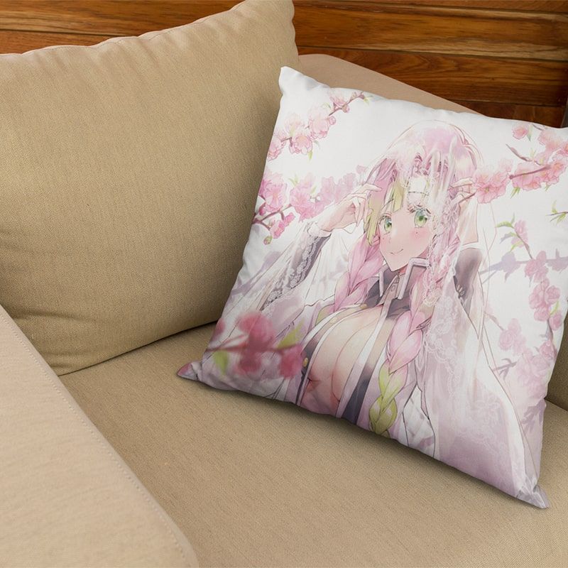 Demon Slayer Kanroji Mitsuri Cherry Blossom Floral Brushed Throw Pillow-Demon Slayer-Demon Slayer,Demon Slayer Kimetsu no Yaiba,Home Decor,Kanroji Mitsuri,Pillowcase,Throw Pillow